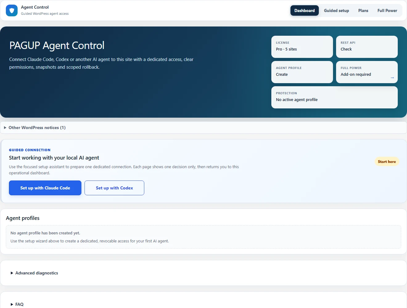 Agent Control dashboard showing license status, setup actions, assistant profiles, and diagnostics.
