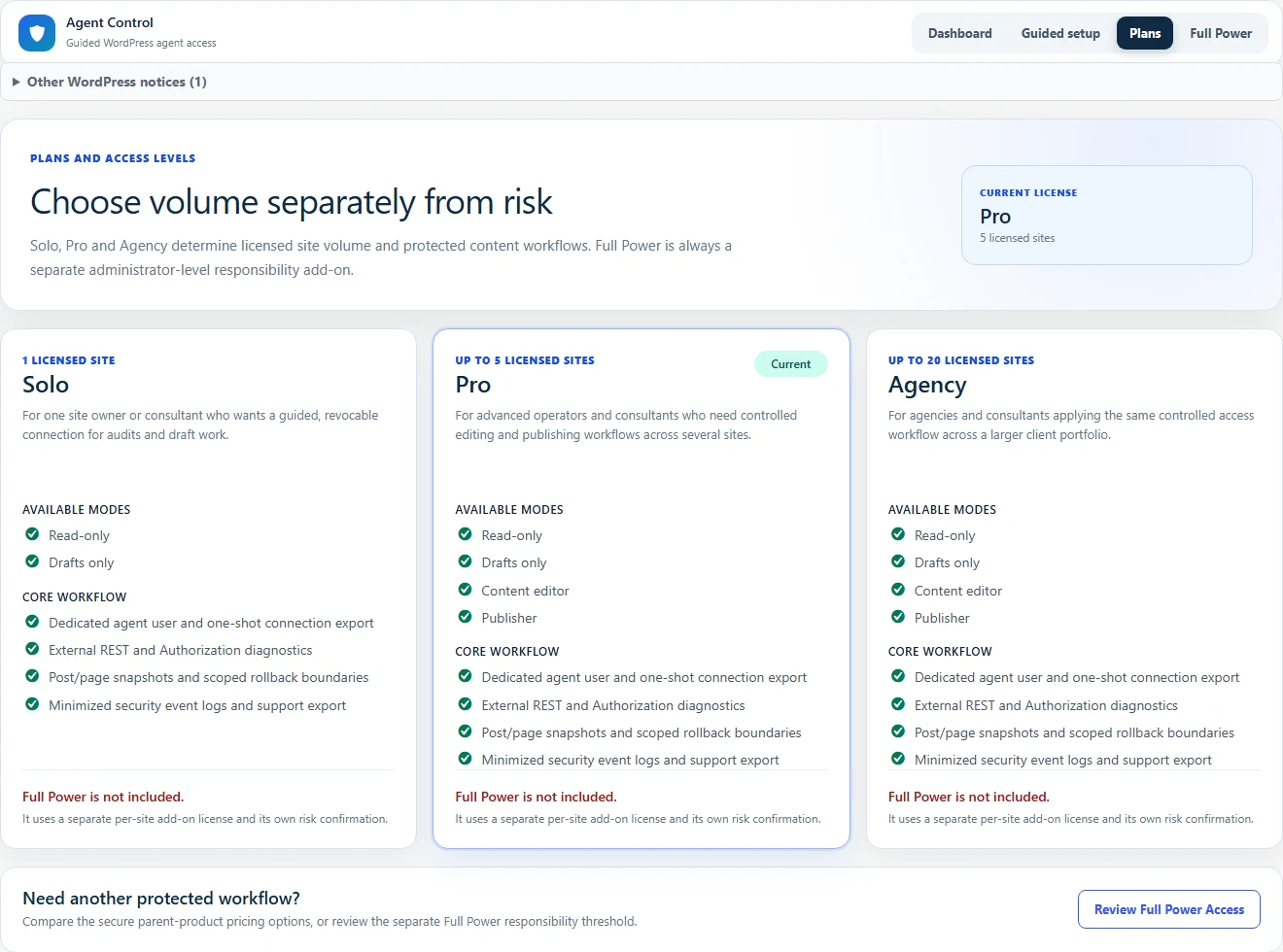 Agent Control plan screen showing Solo, Pro, and Agency cards and the access levels included with each plan.