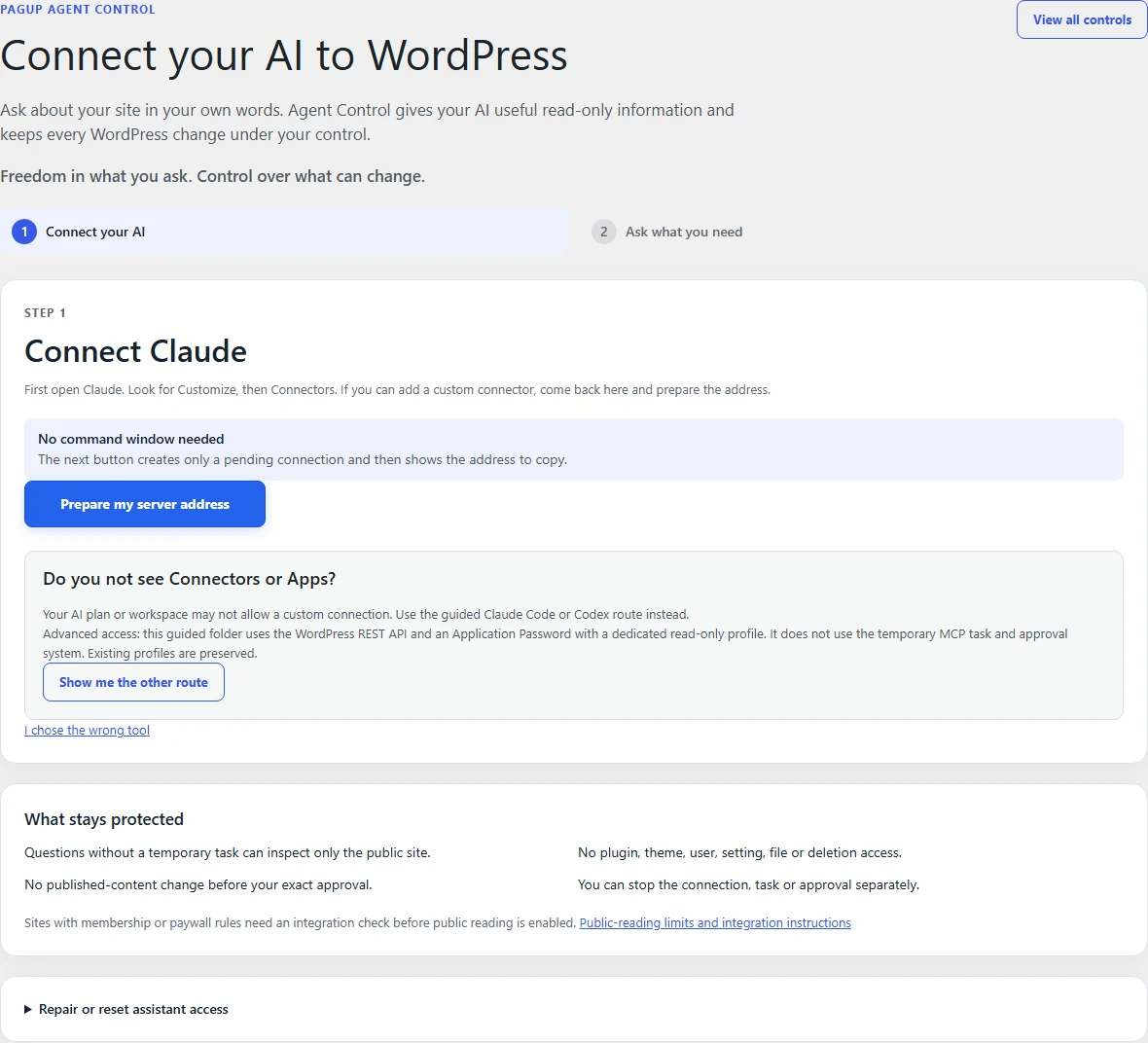 Prepare the connection · Agent Control 1.0.0