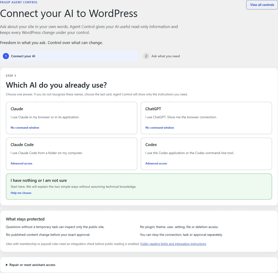 Choose your assistant · Agent Control 1.0.0